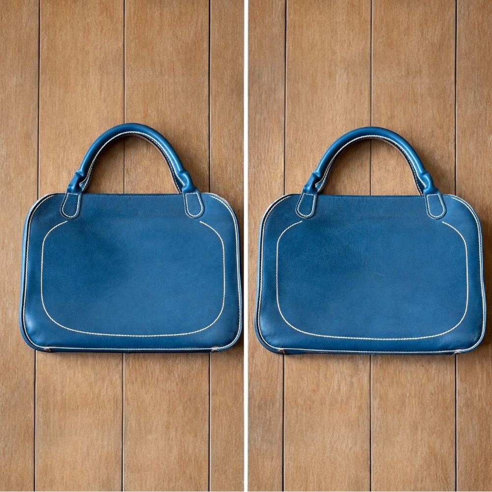 French Artisan Handcrafted Leather Satchel Turquoise Blue Top Handle Bag - Picture 10 of 12